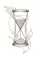 A dark, fragmented hourglass with shattered glass spilling sand, representing time slipping away uncontrollably. Surroun tattoo design idea