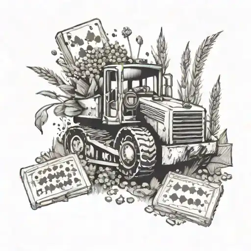 A bulldozer with playing card suits on its blades, surrounded by beer hops and barley tattoo design idea