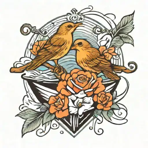 Create a tattoo design featuring two small birds that symbolize love on a boat tattoo design idea