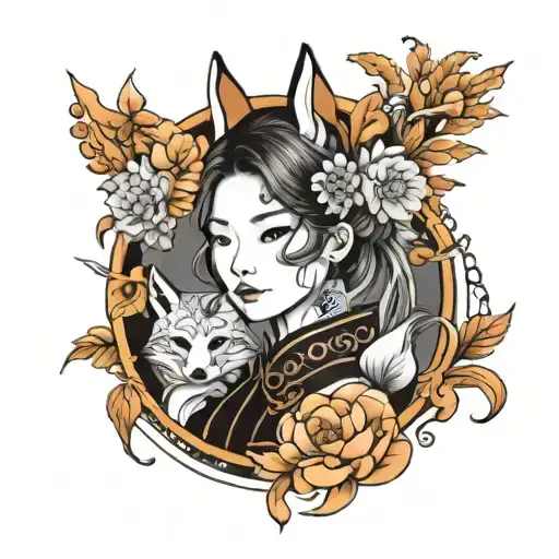 Girls, korean, full sleeve, fullbody, potrait, fox mask, blackwork tattoo design idea