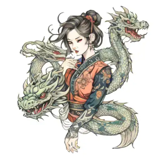 Girls, korean, full sleeve, fullbody, potrait, dragon tattoo design idea