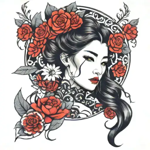 Girls, korean, full sleeve tattoo design idea