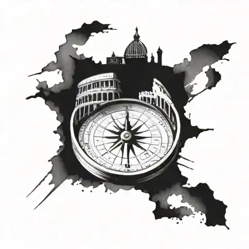 compass with colosseum rome tattoo design idea