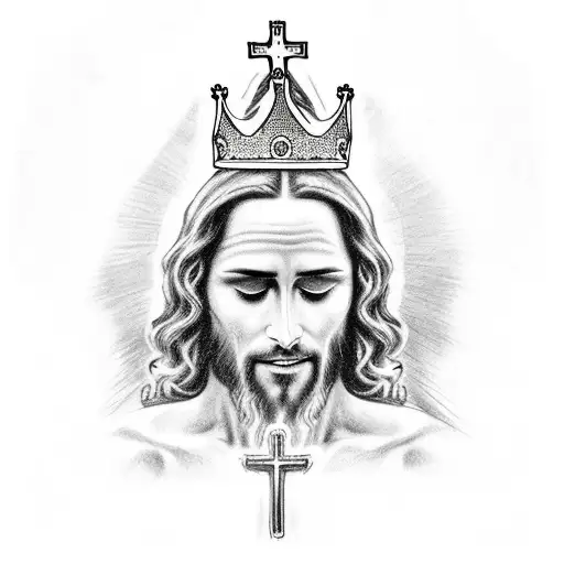 jesus, praying, with a rosary wrapped around his hand, and wearing a king's crown, tattoo tattoo design idea