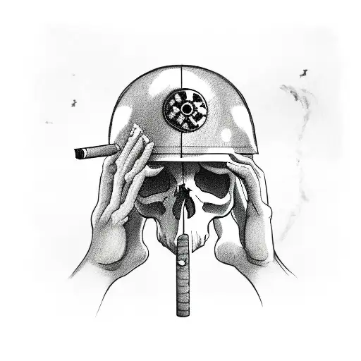 skull smoking a cigarette wearing a world war 2 helmet  tattoo design idea