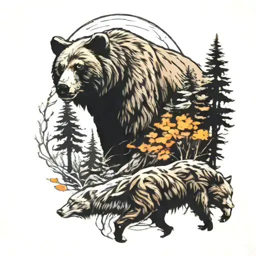 bear in woods watching two wolfs run  tattoo design idea