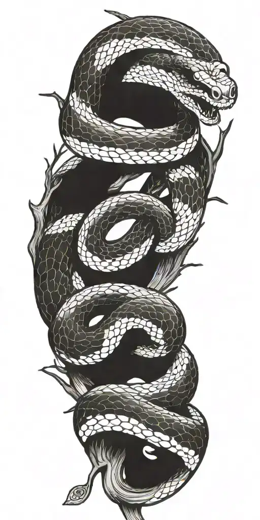 snake coiling around a single tree branch with bark tattoo design idea