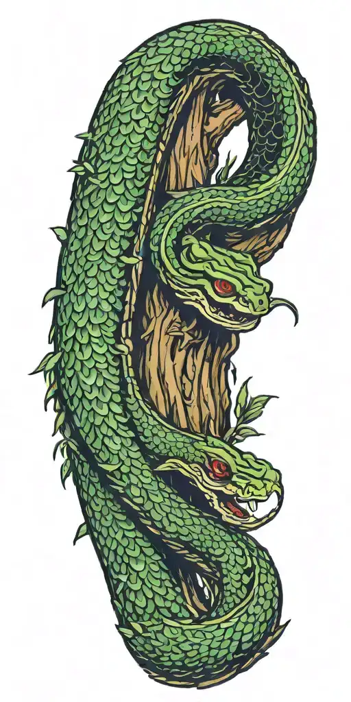 weeping willow tree trunk with olive green cobra  coiling around it with color  tattoo design idea