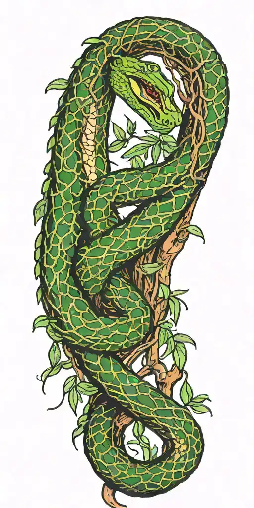 weeping willow tree trunk with olive green cobra  coiling around it with color  tattoo design idea