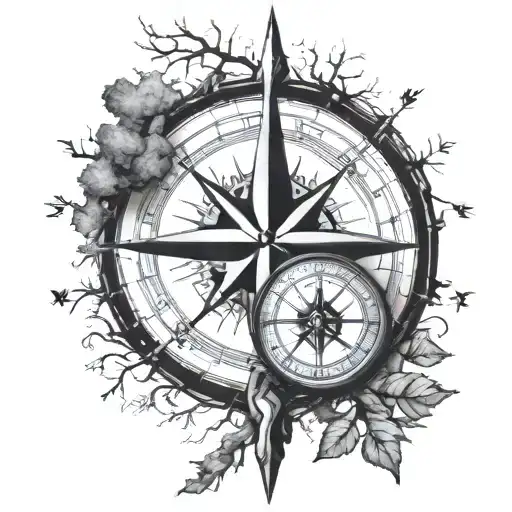 compass beside oak tree  tattoo design idea