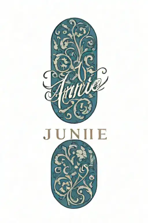 The name "Junie" with a small blue heart at the end letters only tattoo design idea