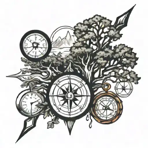 4W lettering with oak tree and compass  tattoo design idea