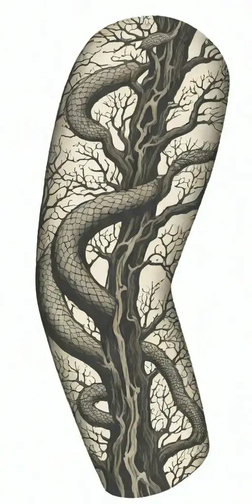 tree bark arm sleeve with snake tattoo design idea