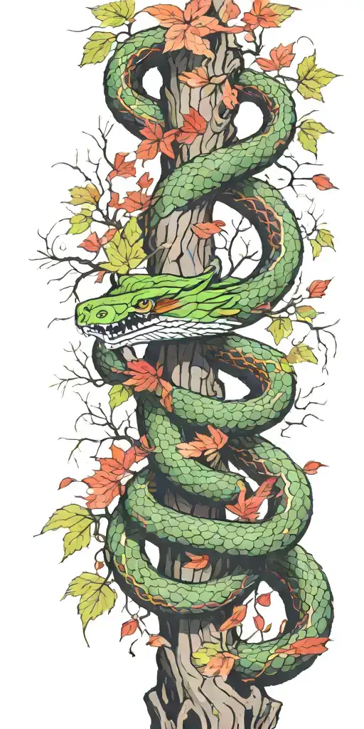 tree trunk with olive green cobra  coiling around it with red  maple leaves with color  tattoo design idea