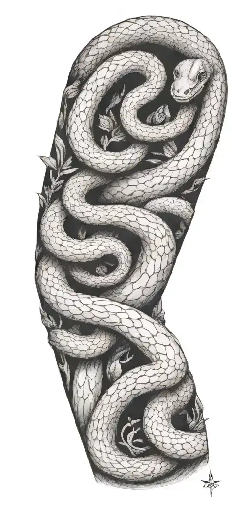tree bark arm sleeve with snake coiling around the arm tattoo design idea