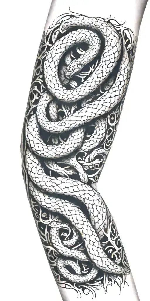 arm covered with tree bark  with snake coiling around the arm tattoo design idea