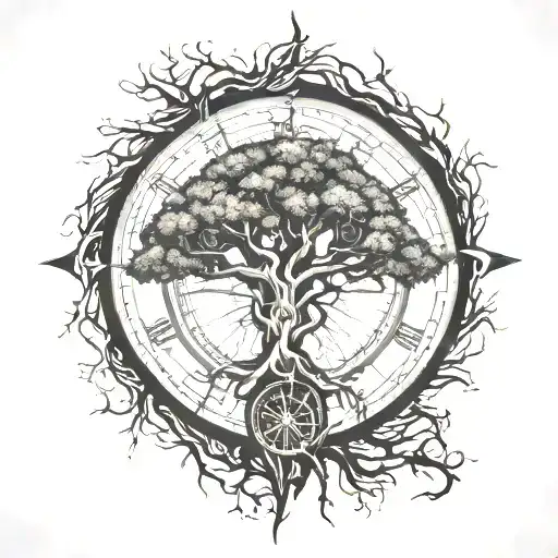 oak tree with roots and compass  tattoo design idea