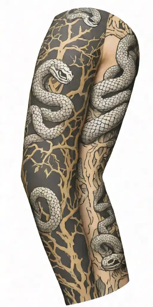 tree bark arm sleeve with snake tattoo design idea