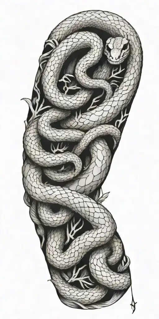 tree bark arm sleeve with snake coiling around the arm tattoo design idea