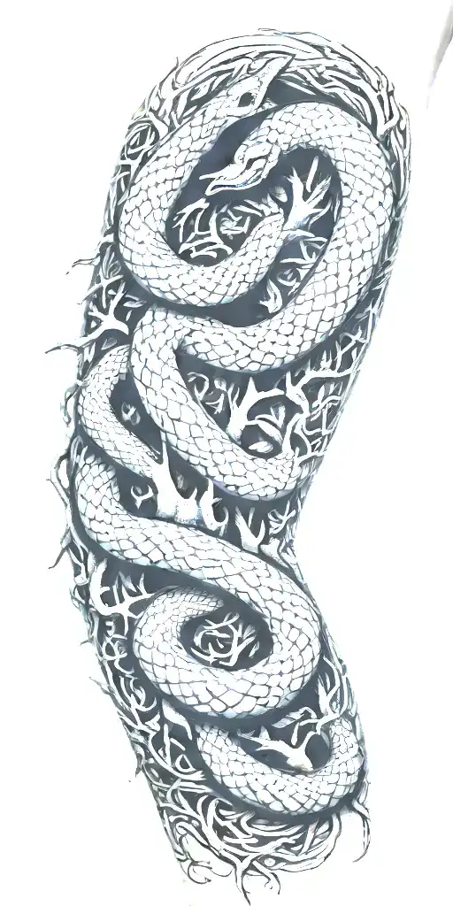 arm covered with tree bark  with snake coiling around the arm tattoo design idea