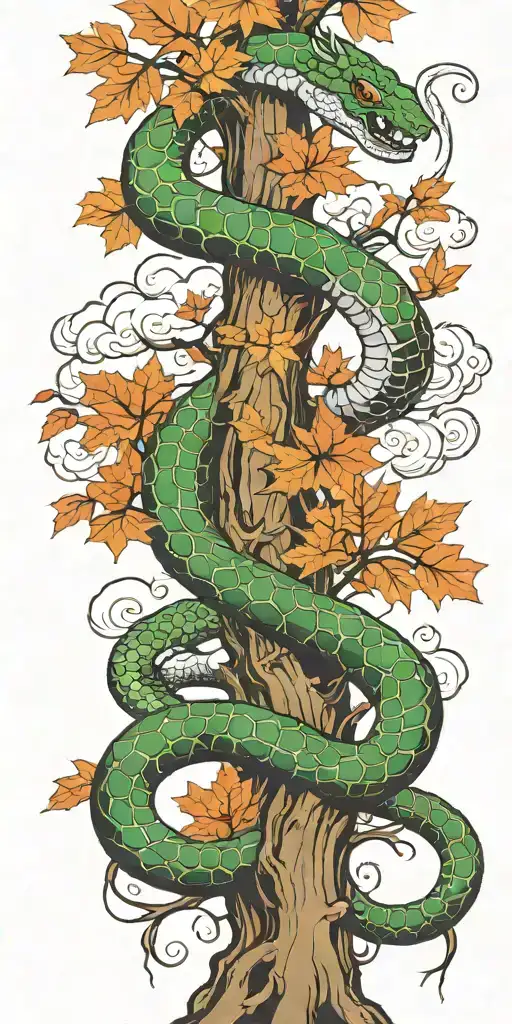 tree trunk with cobra  coiling around it with maple leaves with clouds with color with sword  tattoo design idea