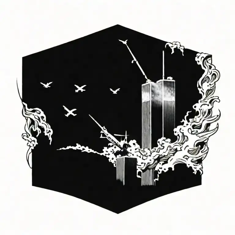 9/11 twin towers tattoo with plane crashing with people jumping from building tattoo design idea