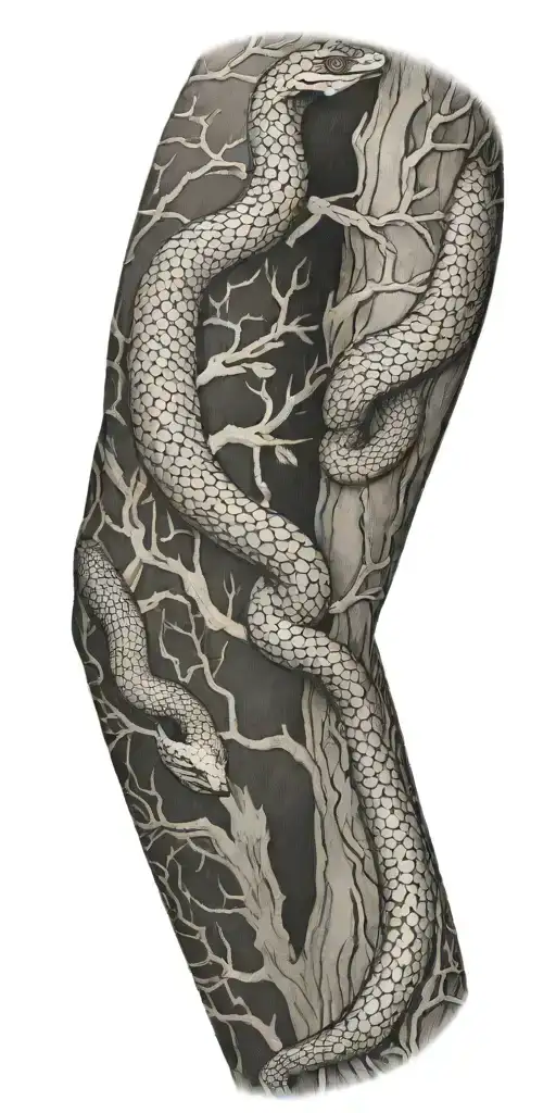 tree bark arm sleeve with snake tattoo design idea