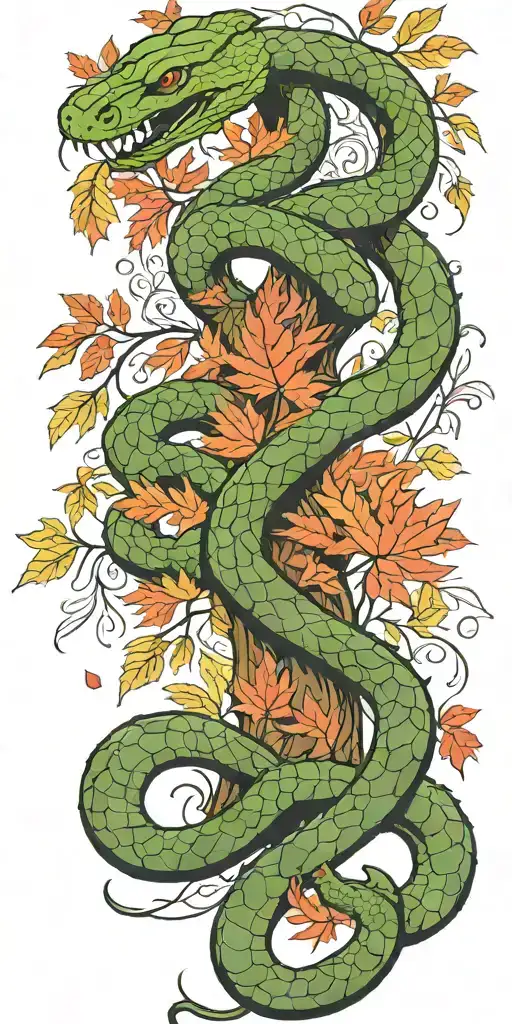 tree trunk with olive green cobra  coiling around it with red  maple leaves with color  tattoo design idea