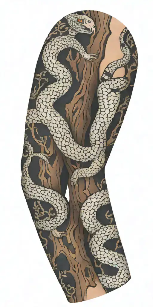 tree bark arm sleeve with snake tattoo design idea