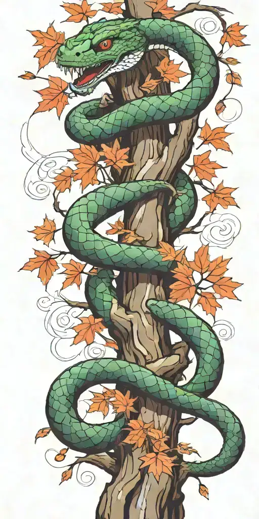 tree trunk with olive green cobra  coiling around it with red  maple leaves with color with clouds and sword tattoo design idea