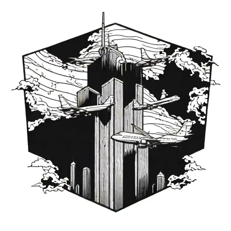 9/11 twin towers tattoo with plane crashing tattoo design idea