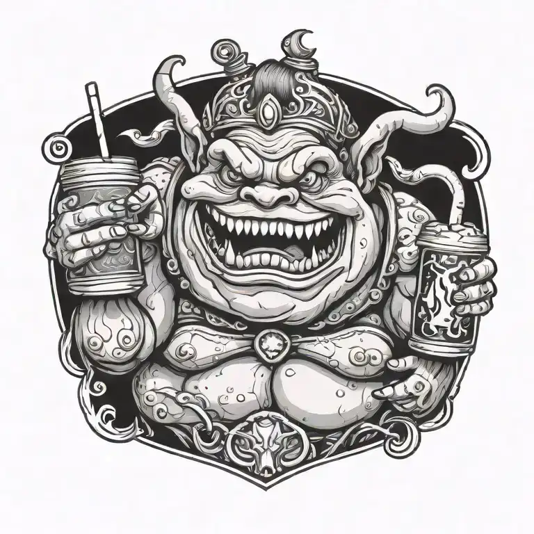 fat ogre princess with bad teeth and with glasses holding energy drink tattoo design idea
