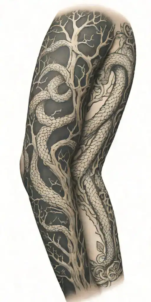 tree bark arm sleeve with snake tattoo design idea