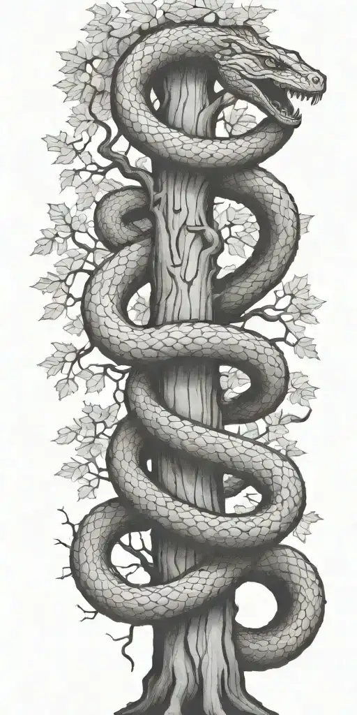 tree trunk with cobra  coiling around it with maple leaves   tattoo design idea