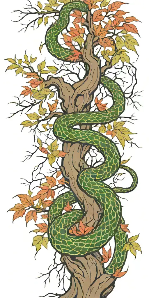 weeping willow tree with olive green cobra  coiling around it with red  maple leaves with color  tattoo design idea