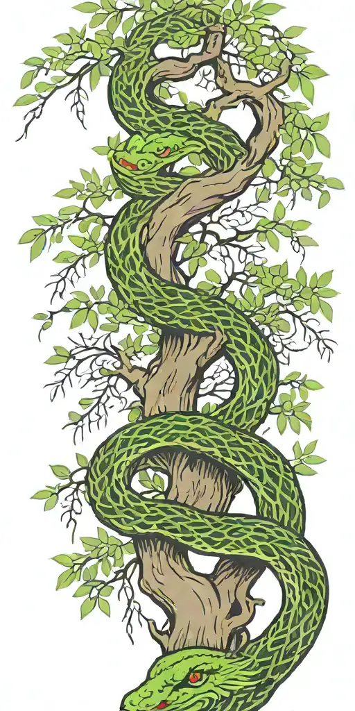 weeping willow tree with olive green cobra  coiling around it with color  tattoo design idea