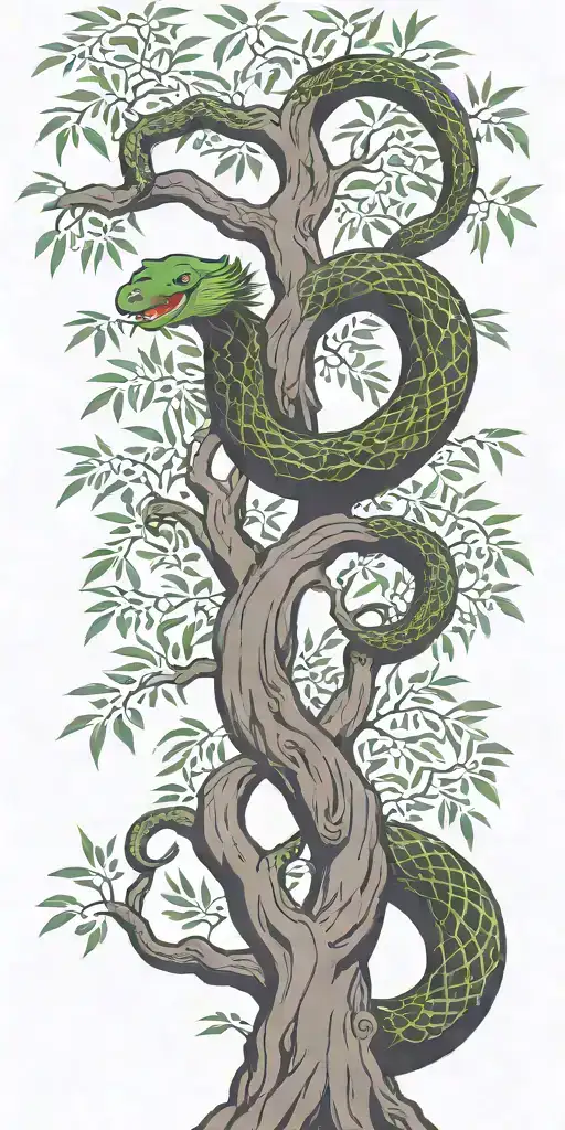 weeping willow tree with olive green cobra  coiling around it with color  tattoo design idea