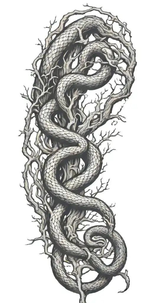 large tree branch with no leaves with snake coiling around the arm  tattoo design idea