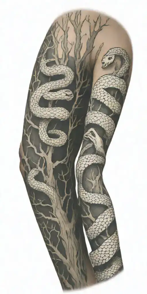 tree bark arm sleeve with snake tattoo design idea