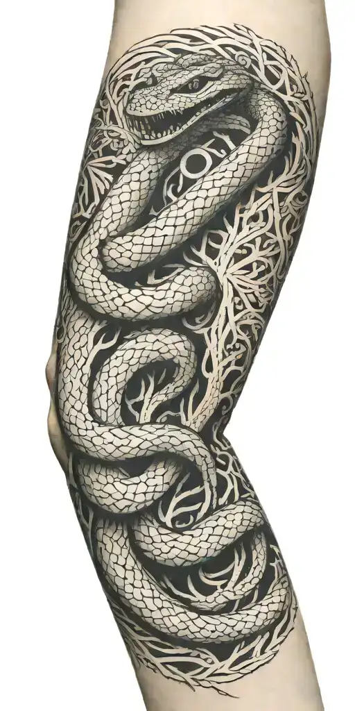 tree bark arm sleeve with snake coiling around the arm tattoo design idea