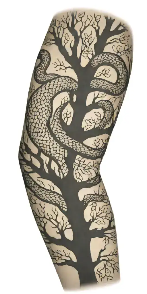 tree bark arm sleeve with snake tattoo design idea