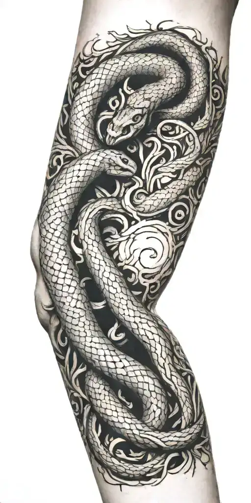 arm covered with tree bark  with snake coiling around the arm tattoo design idea