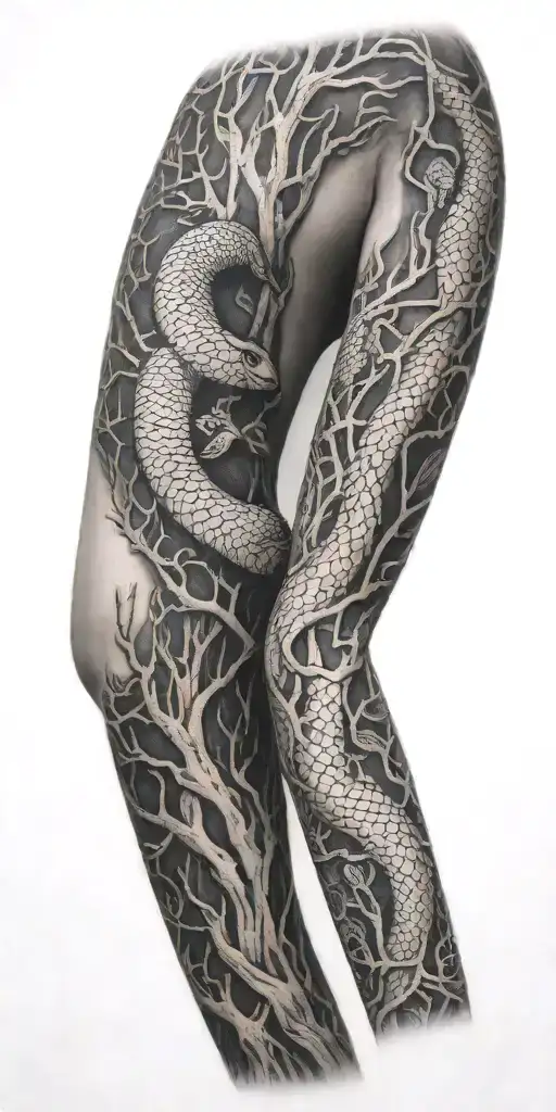 tree bark arm sleeve with snake tattoo design idea
