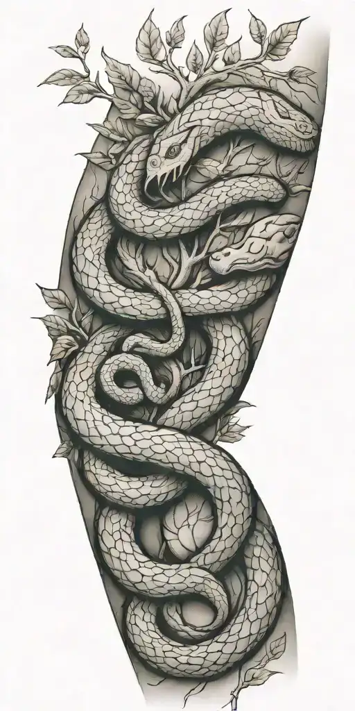 large tree branch with snake coiling around the arm tattoo design idea