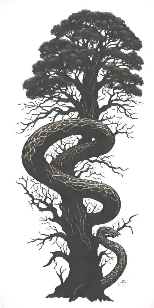 dead tree with cobra wrapping around it   tattoo design idea