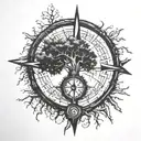 4W lettering with oak tree and compass  tattoo design idea