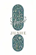 The name "Junie" with a small blue heart at the end letters only tattoo design idea