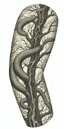 tree bark arm sleeve with snake tattoo design idea