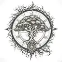 oak tree with roots and compass  tattoo design idea