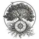 oak tree with roots and compass  tattoo design idea